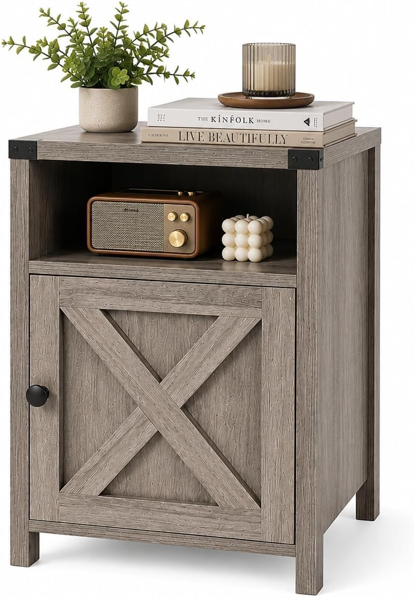 Farmhouse End Table, Nightstand with Barn Door and Shelf,Grey Wash | End Tabl...