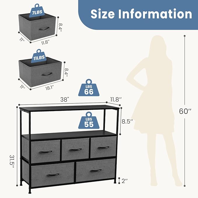 DUMOS TV Stand, Dresser with 5 Fabric Storage Drawers, Media Console Featurin...