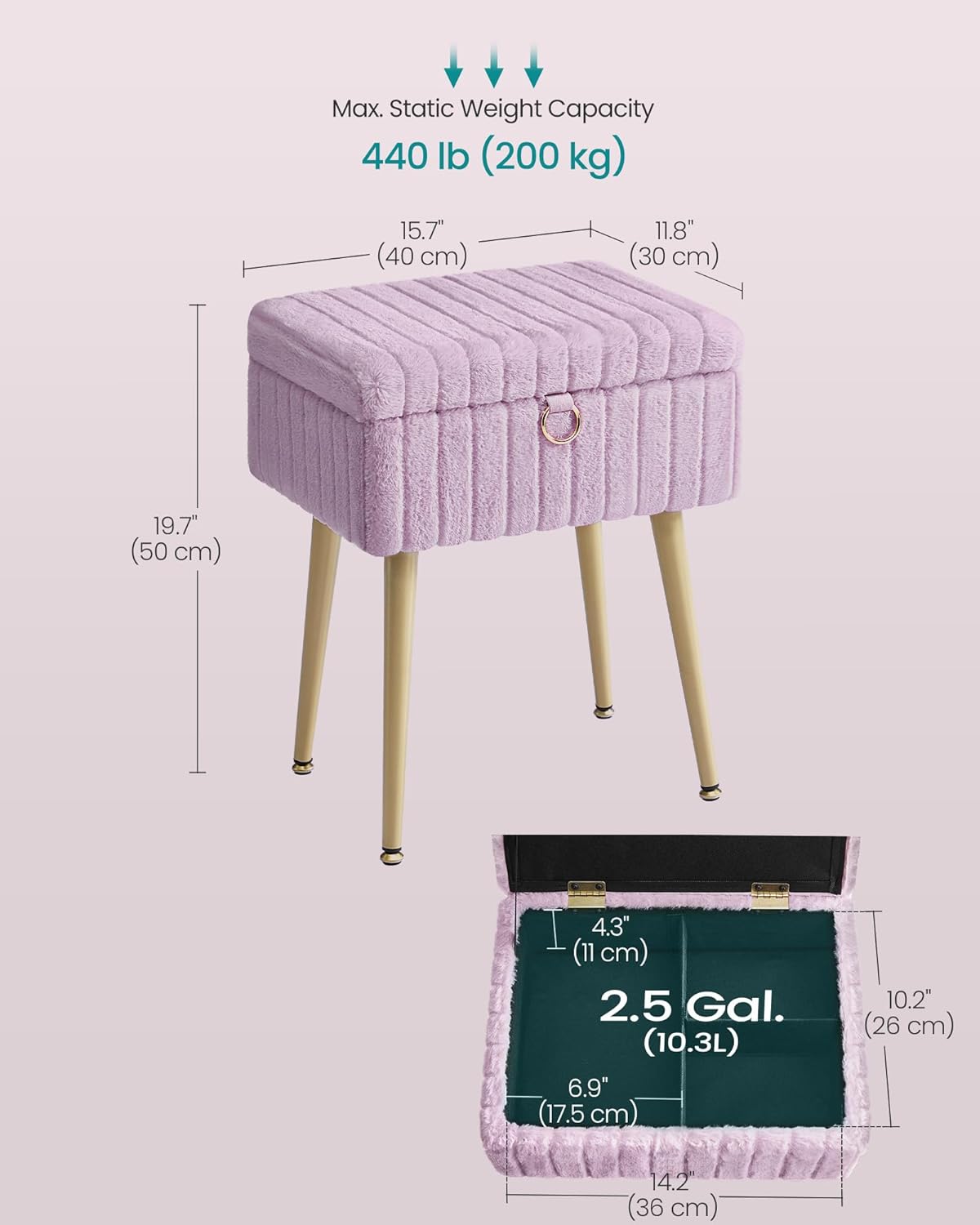 SONGMICS Vanity Stool Chair Faux Fur with Storage, Vanity Bench, Metal Legs, Adjustable Feet, for Living Room, Bedroom, Makeup Room, Light Lilac ULOM505PZ02