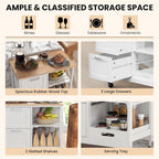 Giantex Kitchen Island Cart on Wheels, Rolling Utility Cart w/Rubber Wood Top, 3 Storage Drawers & 2 Removable Shelves & Removable Tray, Lockable Casters, Serving Cart for Dining Room, Bar, White
