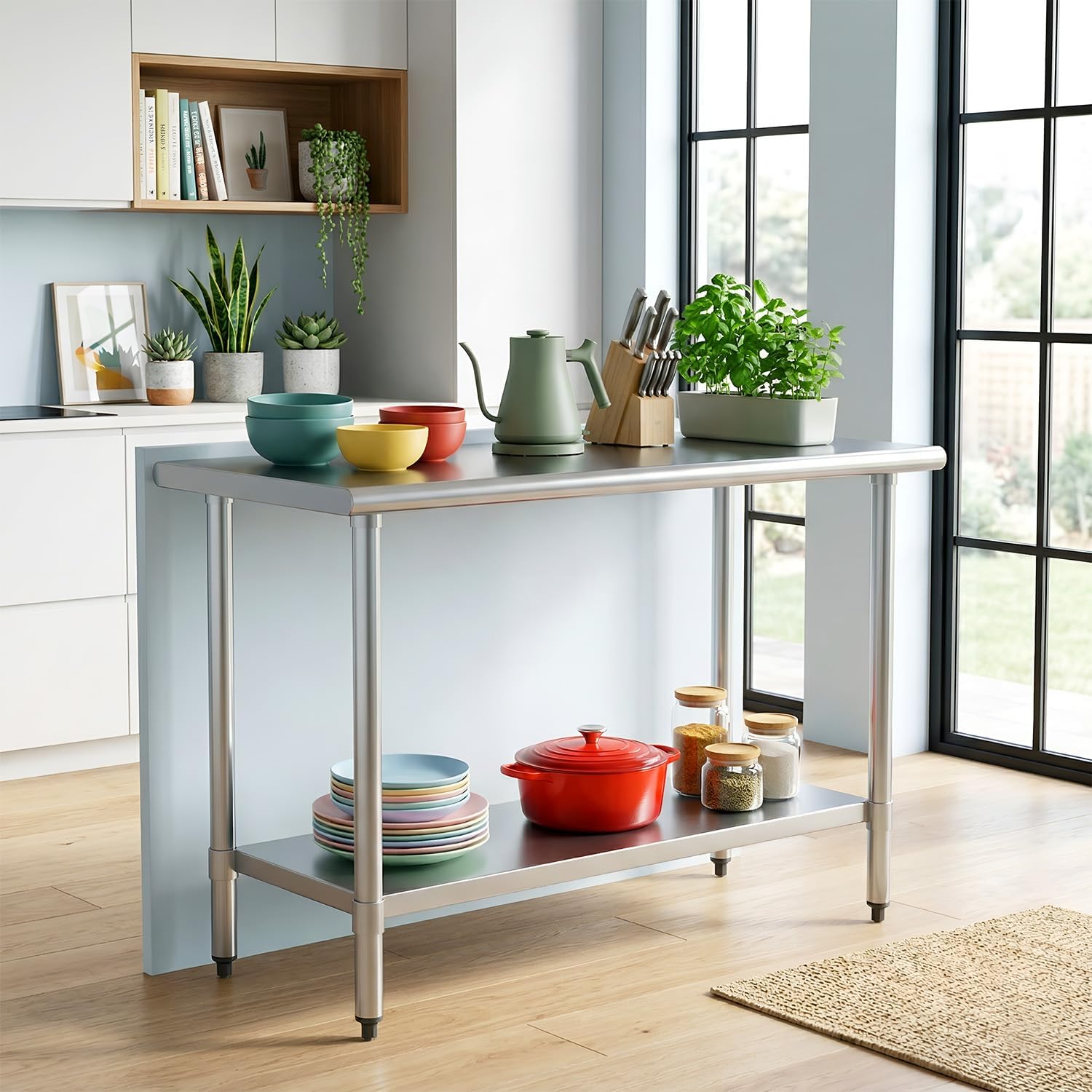 FDW Stainless Steel Work Table 24 x 48 Inches, Heavy Duty Commercial Food Prep Table with Adjustable Under Shelf, Metal Workbench for Restaurant, Kitchen, Garage, Home