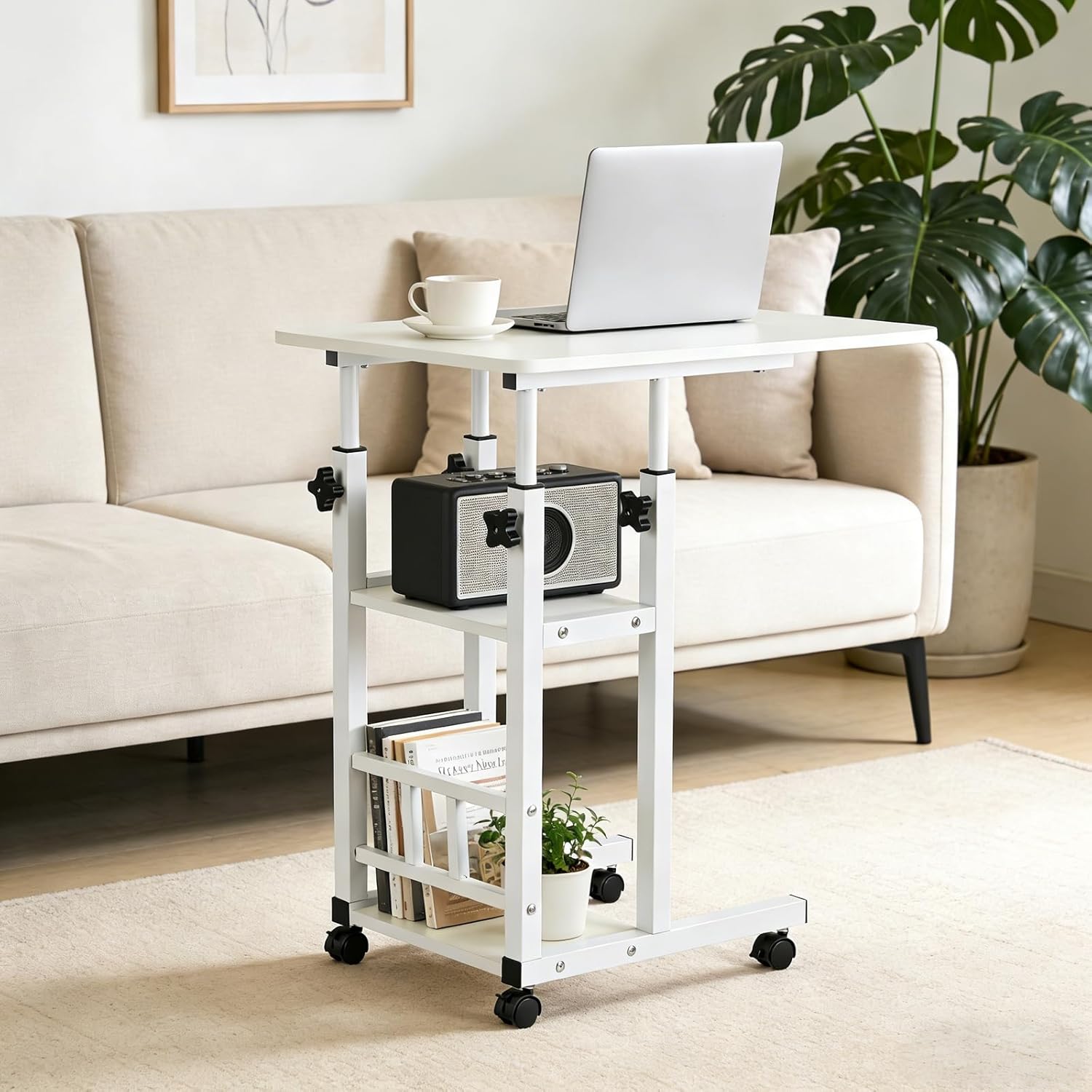 Adjustable C Table,Over Bed Table with Wheels,Rolling Side Table, Over Bed Table with Wheels, Bedside Table, for Sofa Side Small Space, Stable Multi Storage Desk (White)