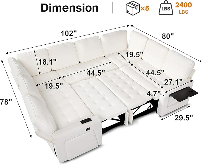 Vipbear 8 Seat U Shaped Modular Sectional Sleeper Sofa with Pull Out Bed/Reclining Backrest/USB Ports/Table/LED Light/Storage Seat, Sectional Sleeper Couch, Tool-Free Assembly, Chenille Beige