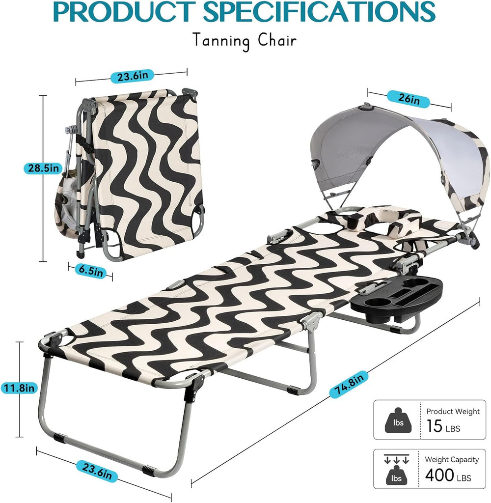 Tanning Chair with Face Hole for Adults, Outdoor Folding Lounge Chair with Ca...