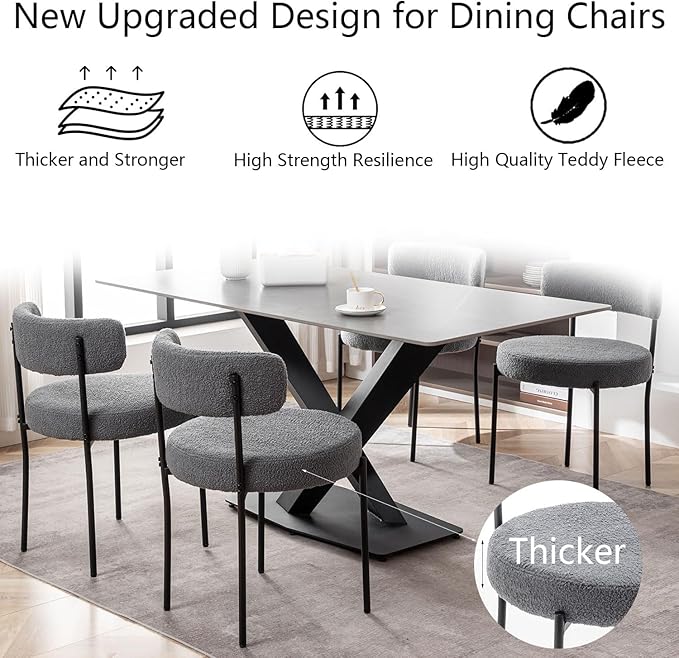 Grey Boucle Dining Chairs Set of 2, Upholstered Dining Room Chairs with Black...