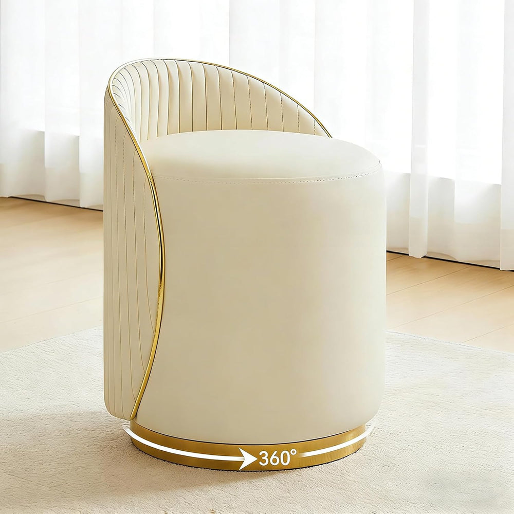 Modern Round Makeup Stool, 360 Swivel Vanity Chair, Beige Leather Seat, Solid...