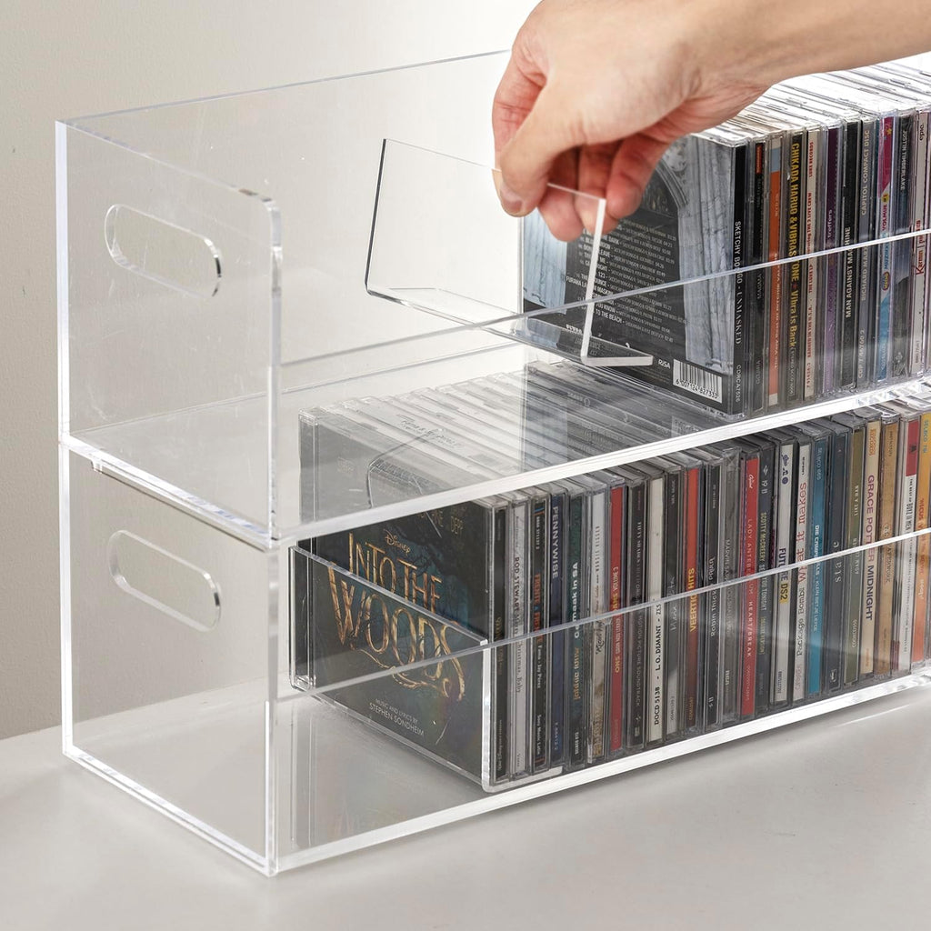 MyGift 2 Pcs Clear Acrylic CD Holder Racks, Stackable CD Storage Box, Music Disc DVD Display Cases, Modern Media Cassette Organizers with Cutout Carrying Handles