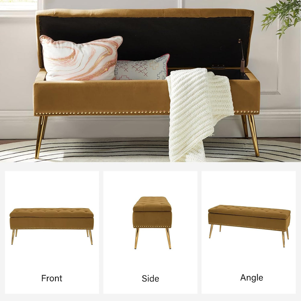 HULALA HOME Modern Velvet Storage Ottoman Bench with Gold Base & Nailhead...