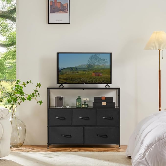 DUMOS TV Stand, Dresser with 5 Fabric Storage Drawers, Media Console Featurin...
