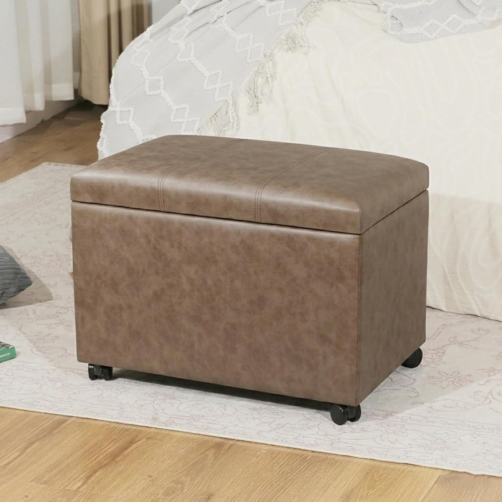 Asense 24-inch Rolling Storage Ottoman Bench, Upholstered Faux Leather Footre...