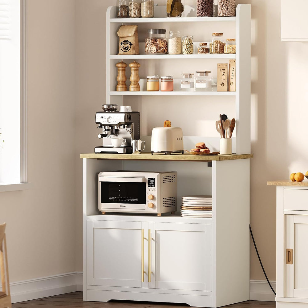 IDEALHOUSE Bakers Rack with Storage Cabinet, Microwave Stand with Power Outle...