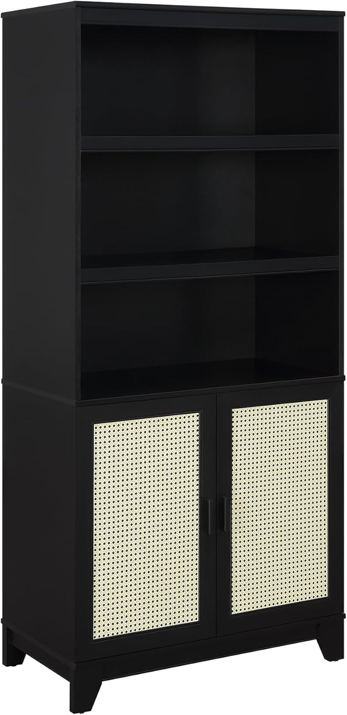 Manhattan Comfort Sheridan Modern Cane Bookcase with Adjustable Open Shelves, Soft Close Doors, and Concealed Compartments, Versatile 3 Tier Bookshelf Storage for Home and Office, Set of 1, Black