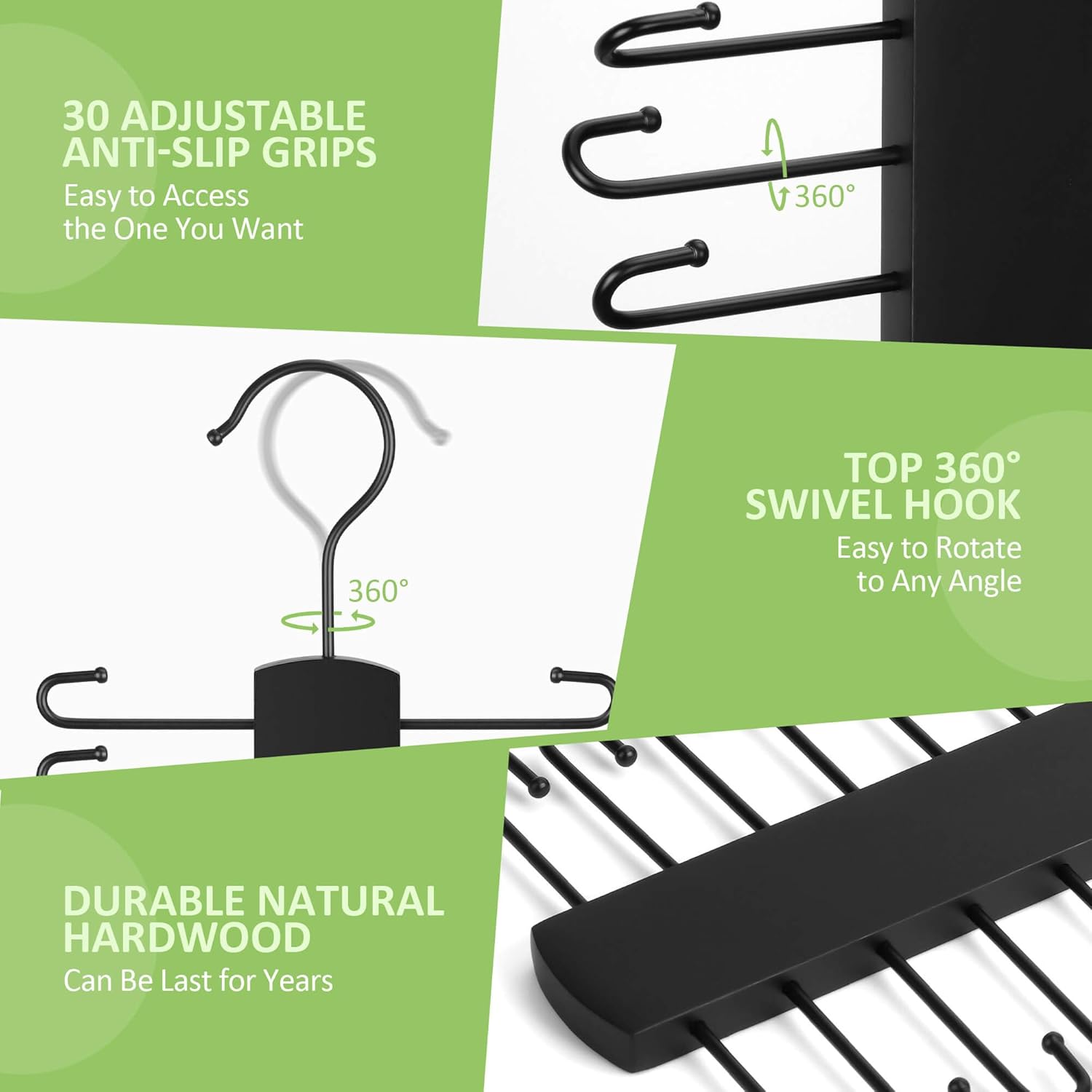 Upgraded Tie Rack Hanger for Closet with 30 Metal Hooks, Space Saving Necktie Organizer for Men, Sturdy Wooden Large Capacity Tie Holder, Closet Organizers and Storage, Black