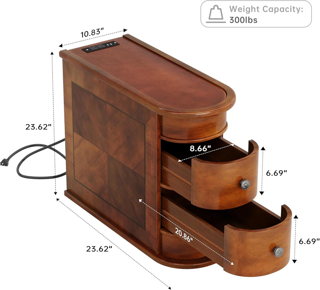 Solid Wood End Table with Charging Station, No Assembly Required Narrow Sofa Side Table for Living Room, Vintage Slim Nightstand Bedside Table (2 Drawers, Brown, 1Pc)