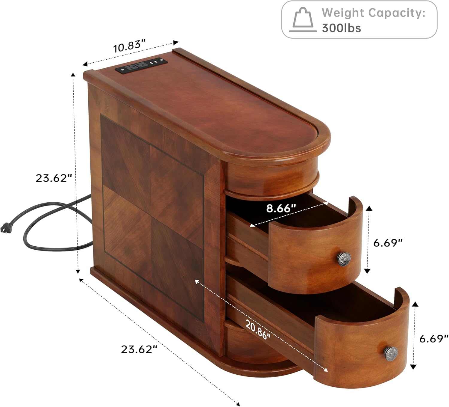 Solid Wood End Table with Charging Station, No Assembly Required Narrow Sofa Side Table for Living Room, Vintage Slim Nightstand Bedside Table (2 Drawers, Brown, 1Pc)