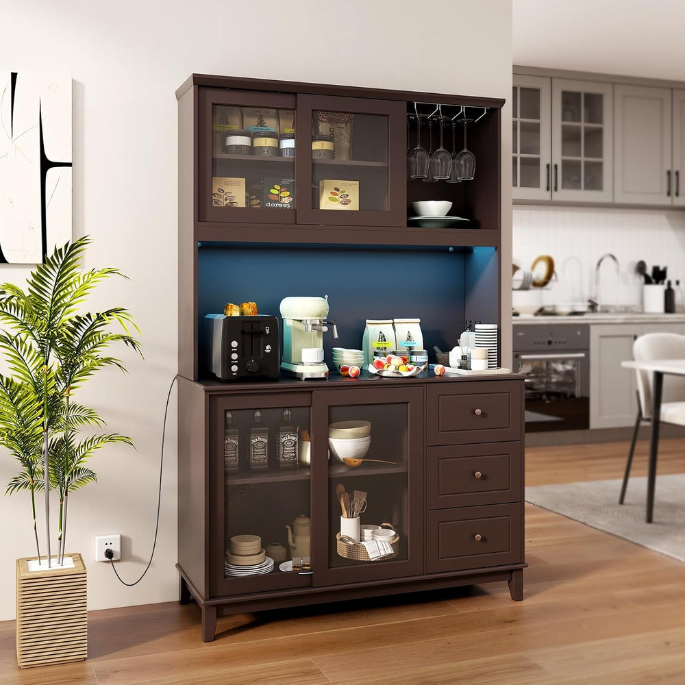 73” Kitchen Pantry Storage Cabinet, Buffet Hutch w/Power Outlets & Led Li...