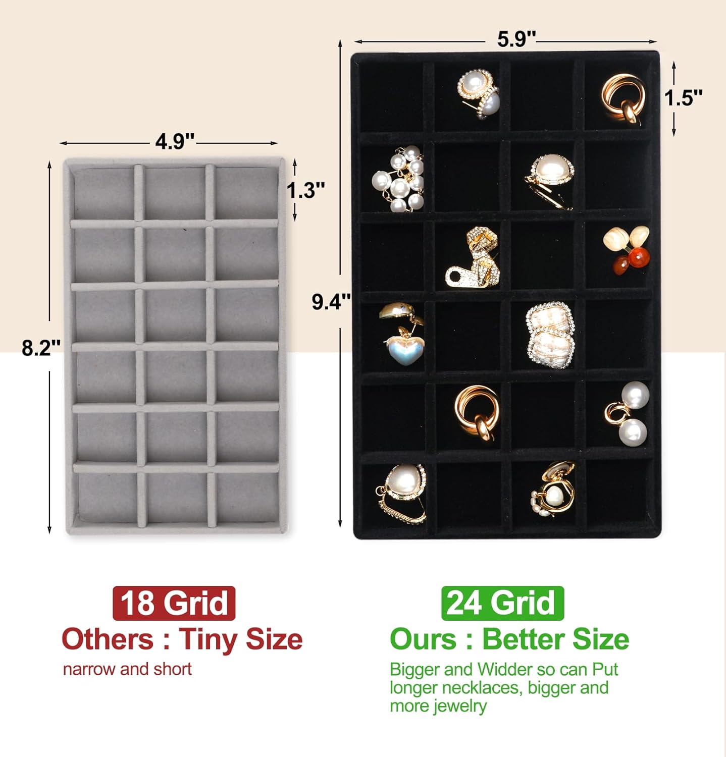 Jenseits 4 Stackable Jewelry Trays Organizer Set for Drawers, Jewellery Drawer Insert Divider Jewel Display Storage with Removable Dividers for Earring Necklace Rings Bracelet, Black