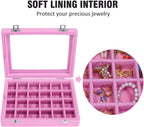 Vicoter Velvet Jewelry Box 24 Grid Jewelry Ring Display Organiser Box Tray Holder Earrings Storage Case for Girls Wife Mom Women (Pink)