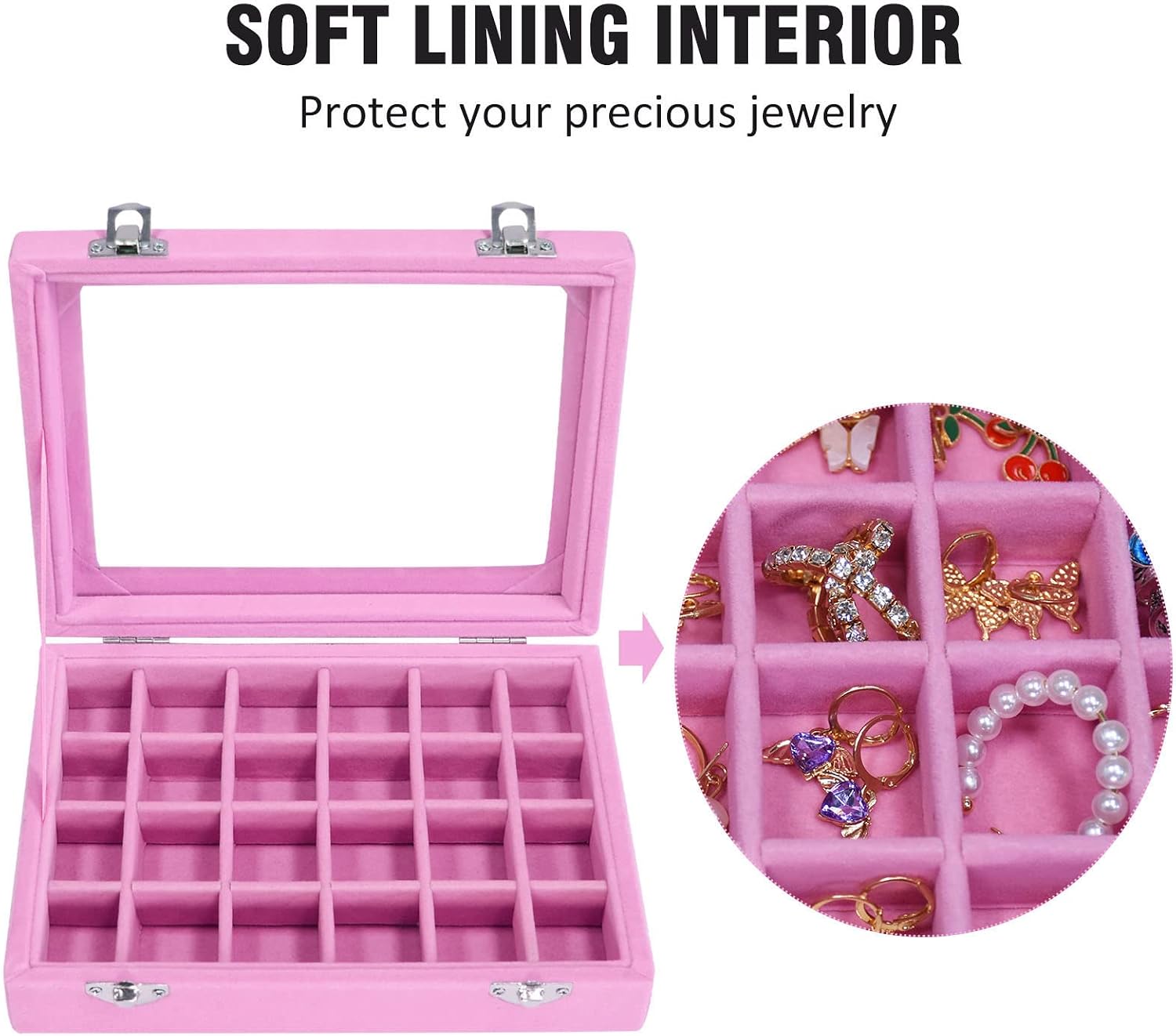 Vicoter Velvet Jewelry Box 24 Grid Jewelry Ring Display Organiser Box Tray Holder Earrings Storage Case for Girls Wife Mom Women (Pink)