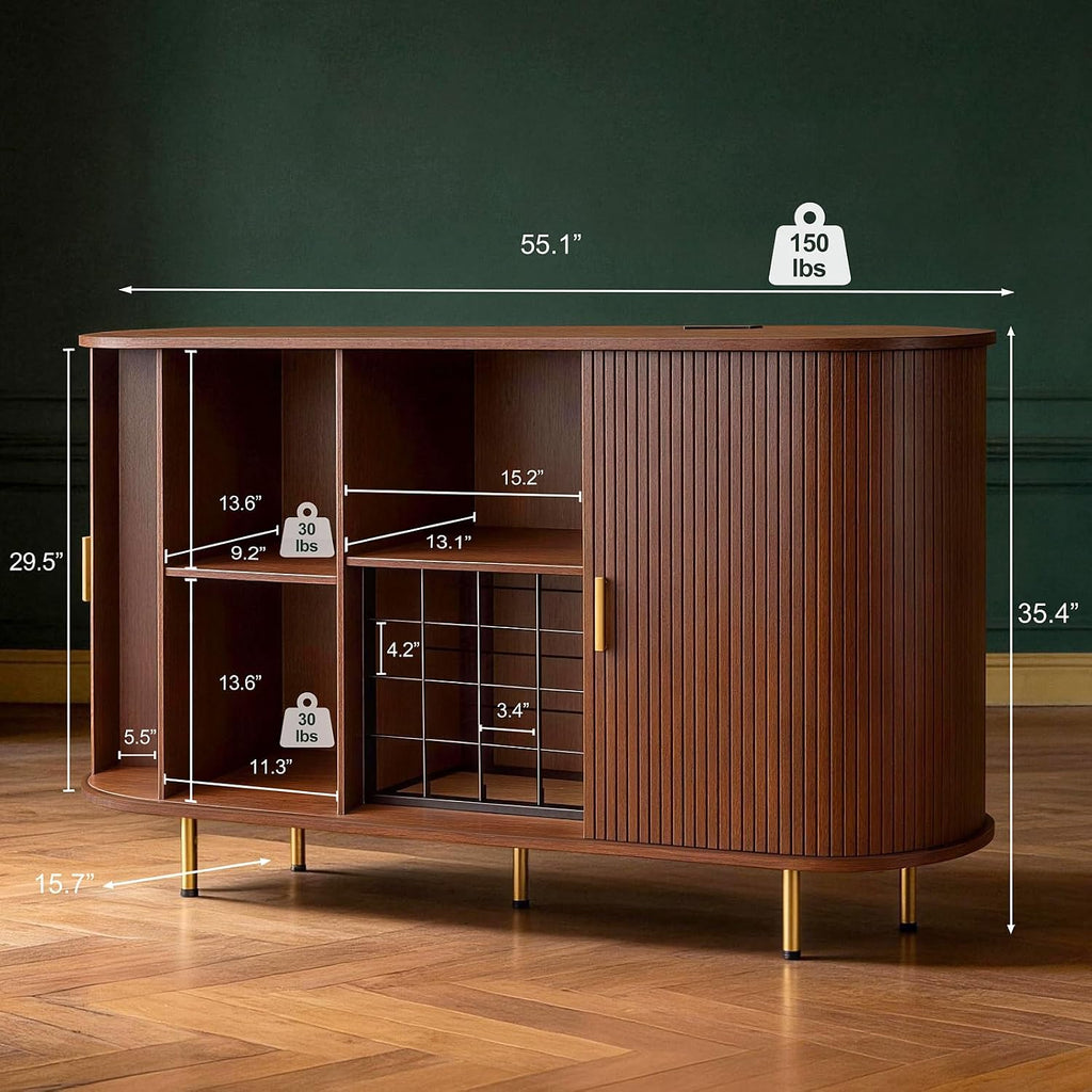 DHH 55" Wine Bar Cabinet with Storage, Fluted Liquor & Coffee Bar Cabinet with Wine Rack and Glass Holder, Buffet Sideboard with LED Lights for Home Kitchen Living Dining Room(Walnut)