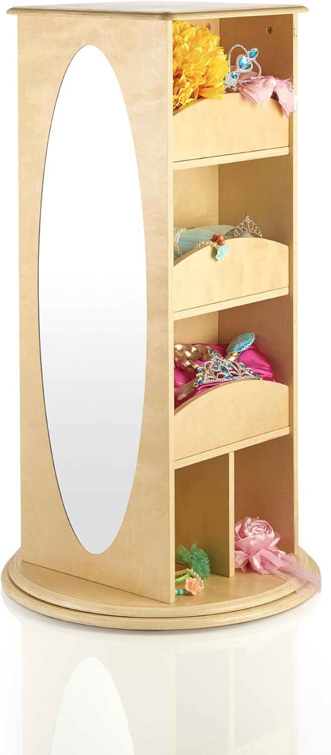Guidecraft Rotating Dress Up Storage - Natural: Kids' Pretend Play Storage Shelves and Hangers with 2 Mirrors & Hooks - Toys and Clothes Organizer for Toddlers Playroom