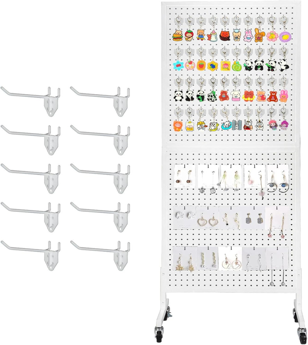 2'x 5' Standing Pegboard Display with T-Base, Pegboard Display Stand with Wheels, Metal Peg Board Display Rack, Art Display Stand, Extra 10 Pieces Hooks - White