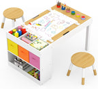 Kids Art Table and Chairs Set with Storage, Wooden Craft Desk with 2 Stools, Child Drawing Table with Open Shelves, Paint Cups, Paper Roll, Bins, Toddler Play Table, 39" L x23 W