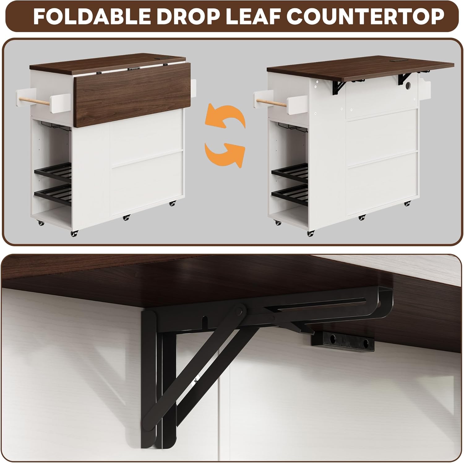 LIKIMIO Kitchen Island with Power Outlet & USB Charging, Rolling Island on Wheels with Drop Leaf, Farmhouse Kitchen Island Cart with Spice Rack, Wine Rack & Glass Holder for Small Kitchen, White