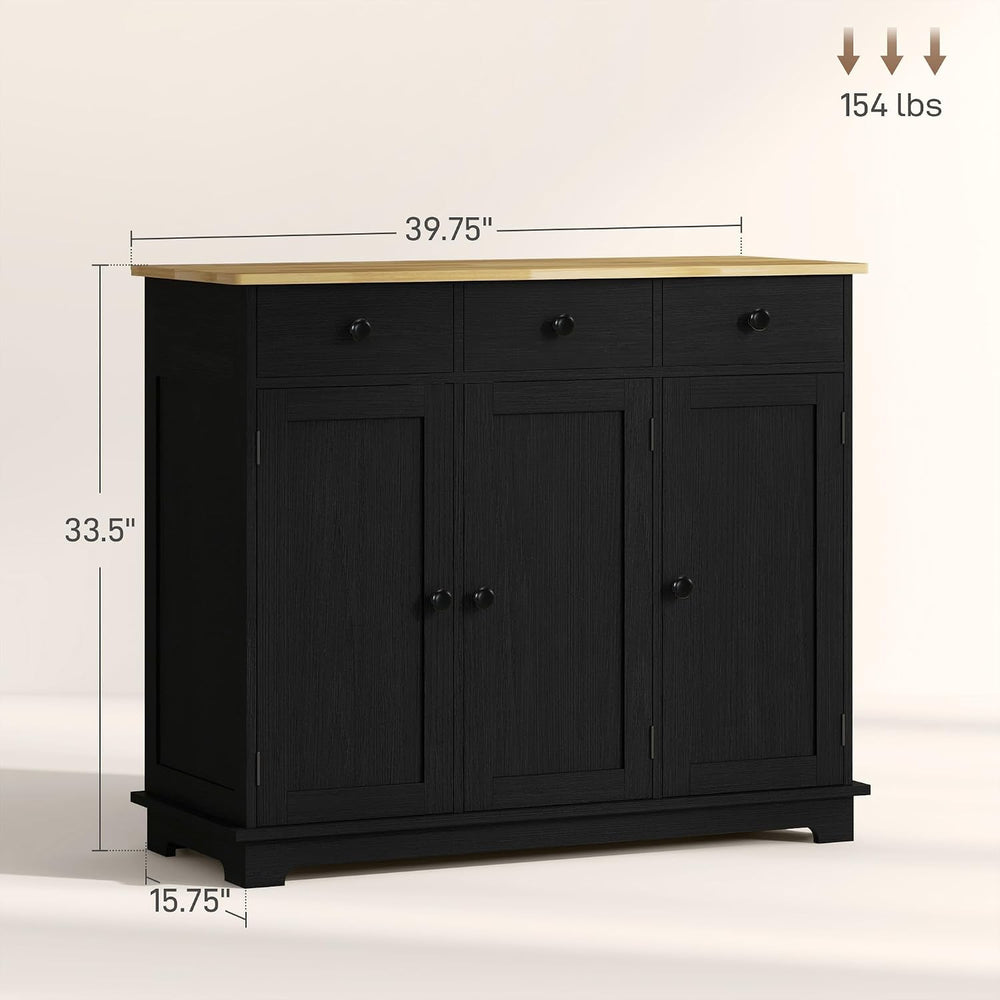 HOMCOM Sideboard Buffet Cabinet Solid Wood Countertop Modern Black
