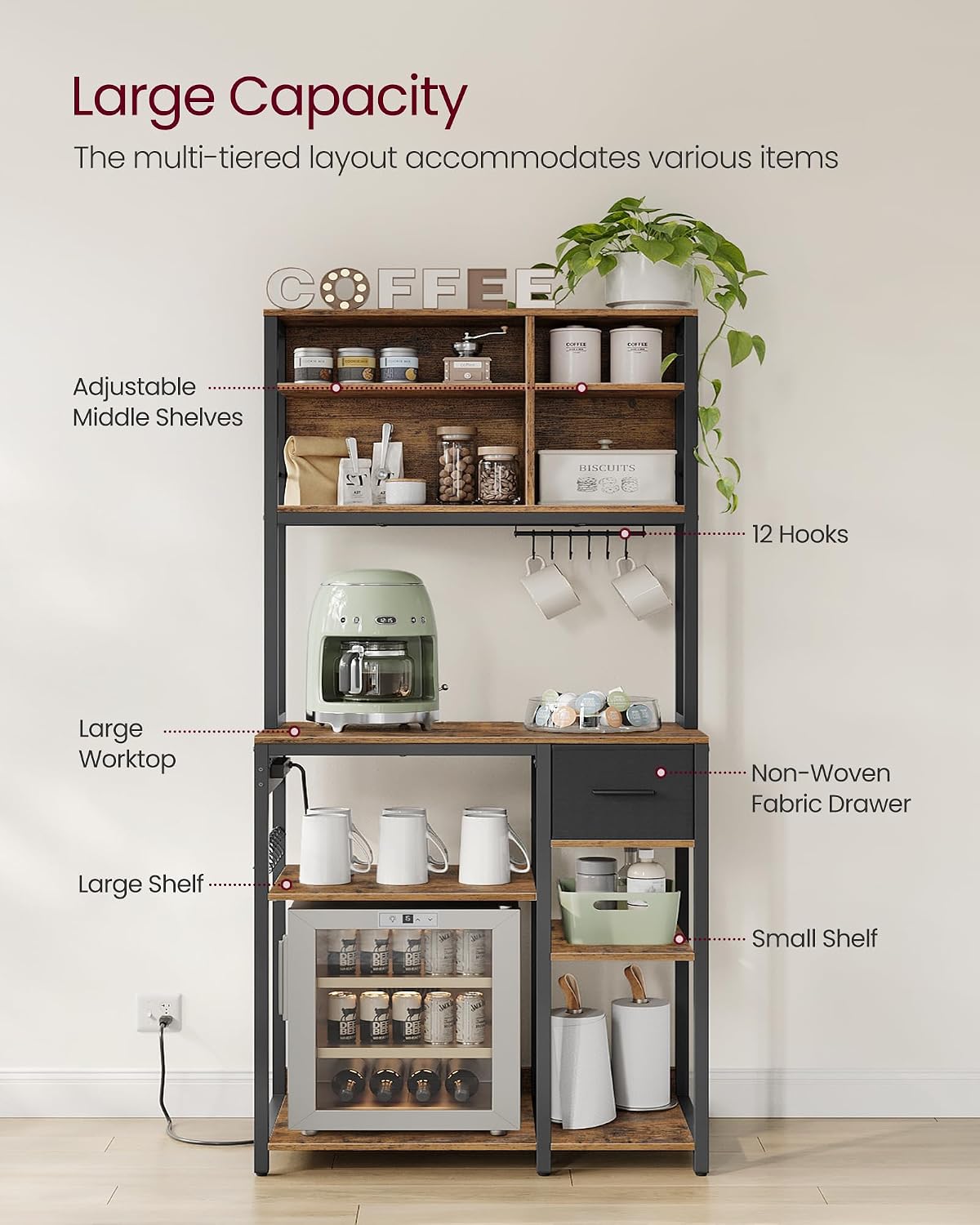 VASAGLE Bakers Rack with Charging Station, Coffee Bar, 15.7 x 31.5 x 71 Inches, Kitchen Microwave Stand, Adjustable Storage Shelves, Fabric Drawer, 12 Hooks, Rustic Brown and Ink Black UKKS015K01