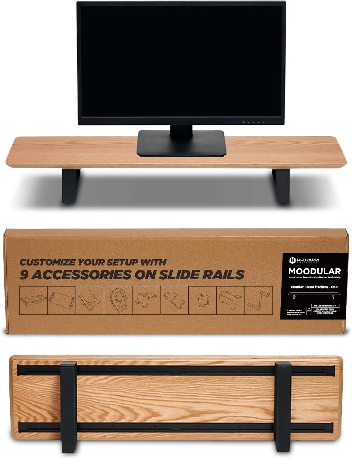 Moodular Wooden Monitor Stand 33.4” (85cm) Desk Organizer with Metal Slide Rails for Drawer, Tray, Laptop, Tablet, Phone & Headphones Customizable Riser for Organized Workspace Oak MS85-O