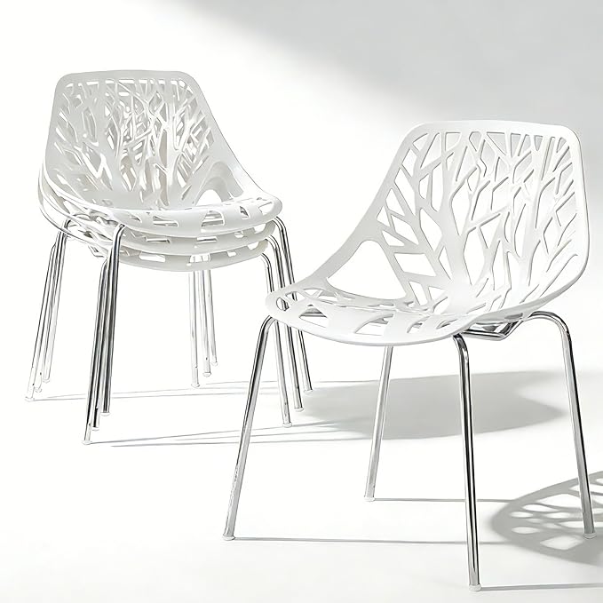 Karl home Mid Century Modern Dining Chairs Set of 4, Stackable Plastic Chair, Bird's Nest Trunk Pattern Suitable for Kitchen, Dining, Bedroom, Living Room,350lbs Capacity(White)