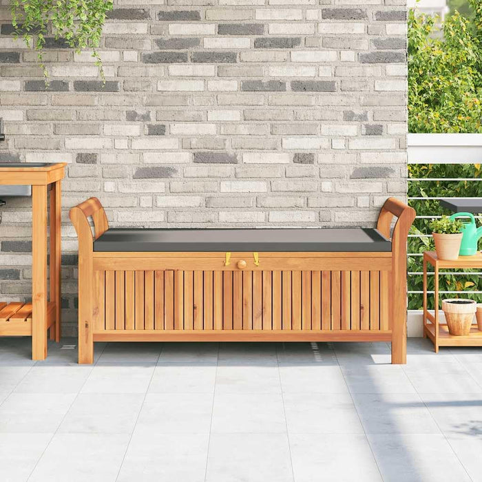 Acacia Wood Outdoor Storage Bench with Cushion, 49.6" Patio Storage Bench with Curved Arms, Garden Seat for Pillows and Blankets
