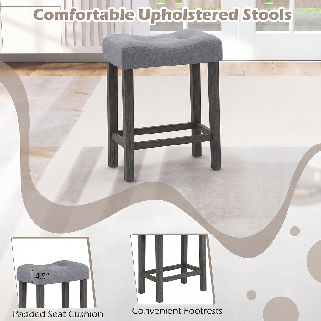 COSTWAY 4-Piece Farmhouse Bar Table Set with Power Outlet | Counter Height Dining Table Set w/ 3 Upholstered Stools, Wood Console Table Set for Kitchen, Dining Room, Living Room, Gray