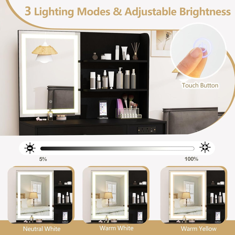 CHARMAID Vanity Desk with Mirror and Lights, Makeup Vanity Table with Chargin...