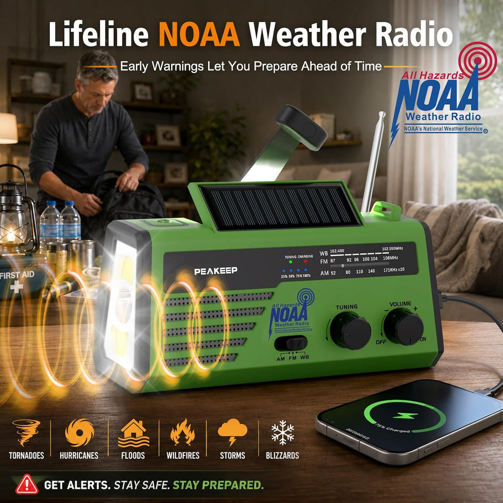 Peakeep NOAA Emergency Weather Radio Alert with Crank Solar Battery Powered
