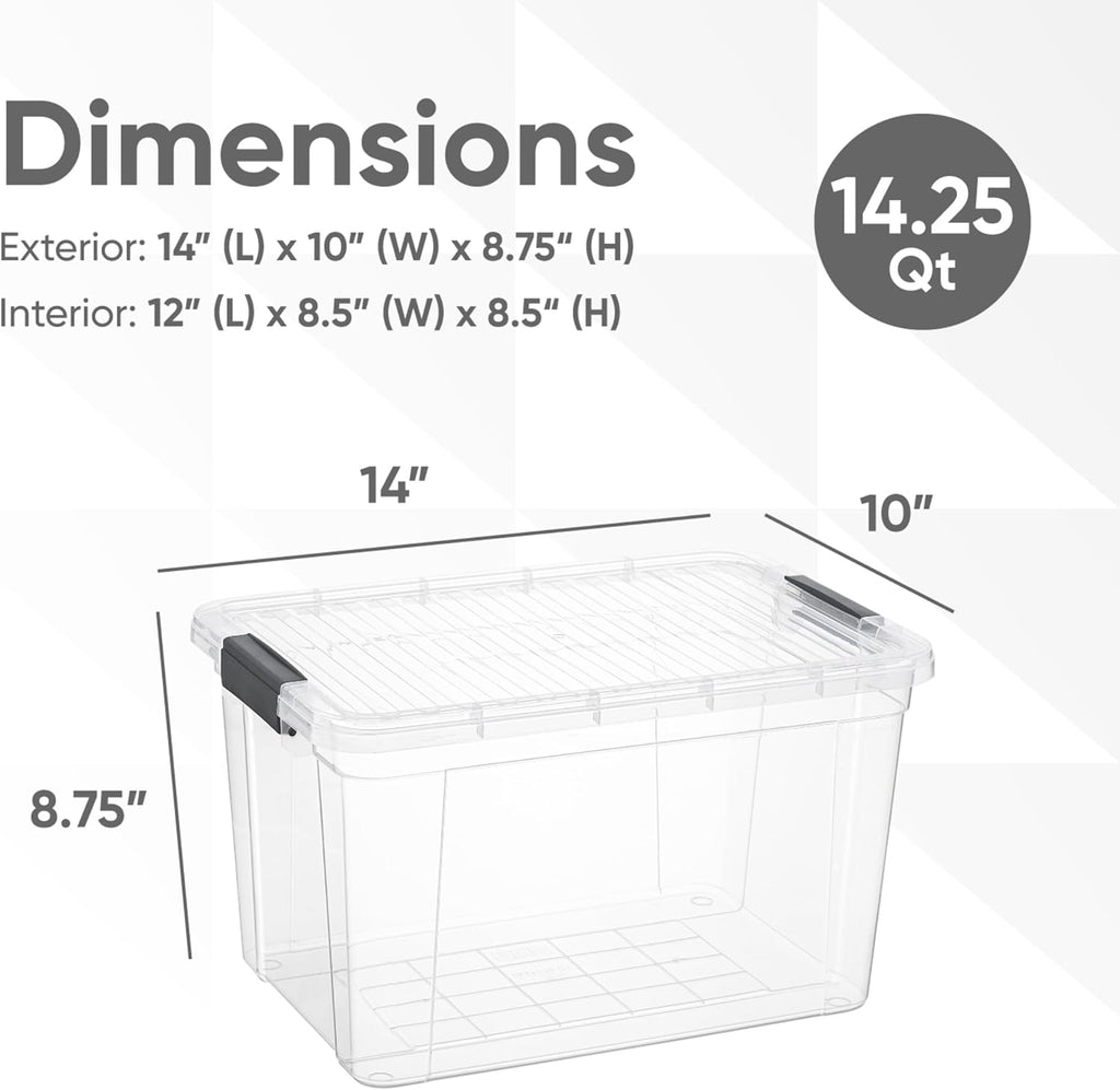 Superio Clear Storage Bins with Lids, 14.7 Quart BPA Free Plastic Containers, Transparent Boxes for Organizing, Stackable Crates, Organizer Totes for Home, Office, School, and Dorm