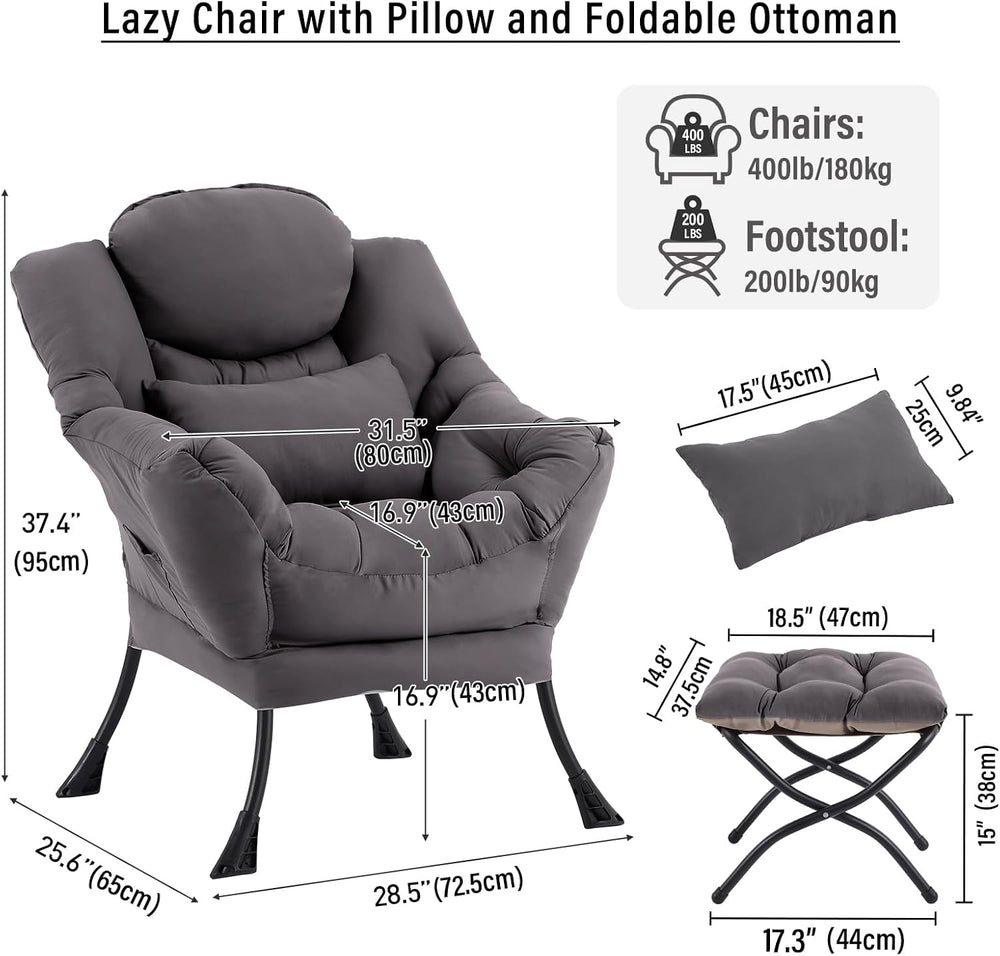 Lazy Chair with Ottoman, Comfy Chair with Pillow，Dark Grey