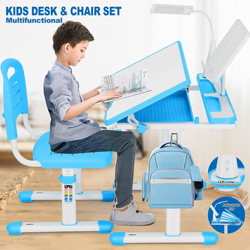 Artist hand Height Adjustable Kids Desk and Chair Set with LED Light,Drawer | Ergonomic Kids Desk with Tiltable Desktop, Kids Drawing Table Study Desk for Kids 3-12 Boys Girls