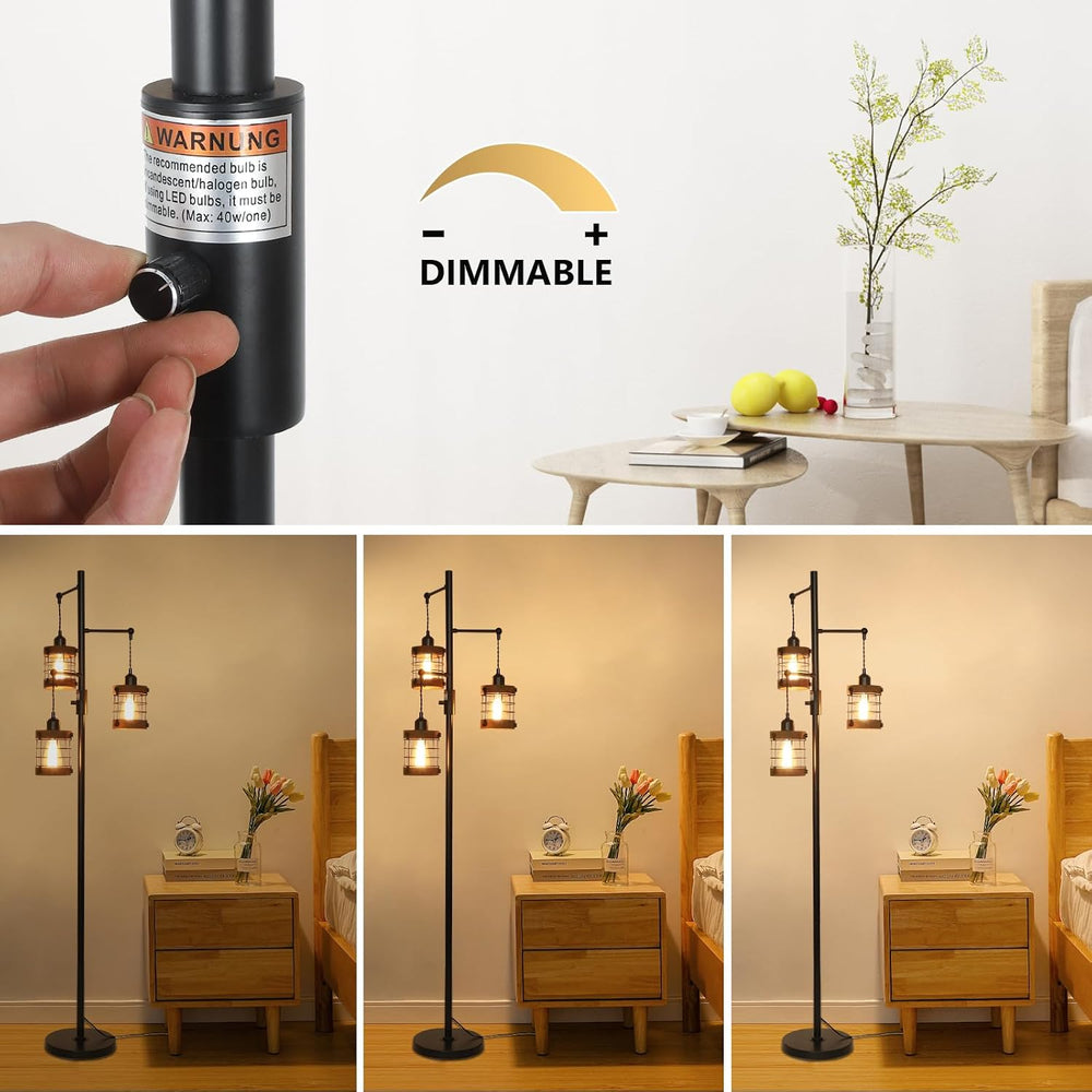 Dimmable Floor Lamps for Living Room, 3-Light Industrial Floor Lamp with Wood...