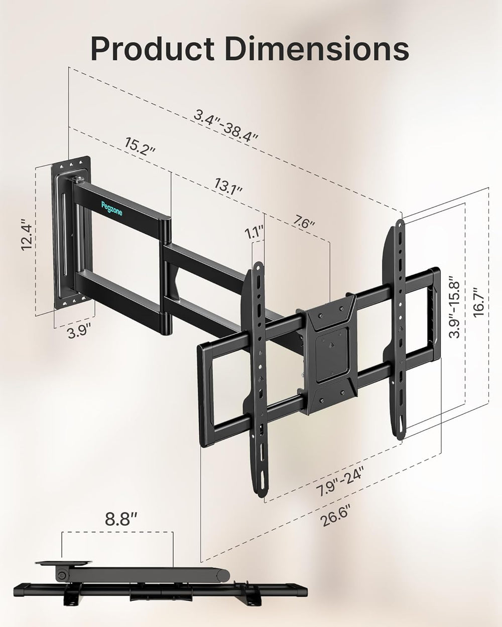 Pegzone Long Arm TV Wall Mount for 37-86 Inch TVs, 38 Inch Extra Long Extensi...