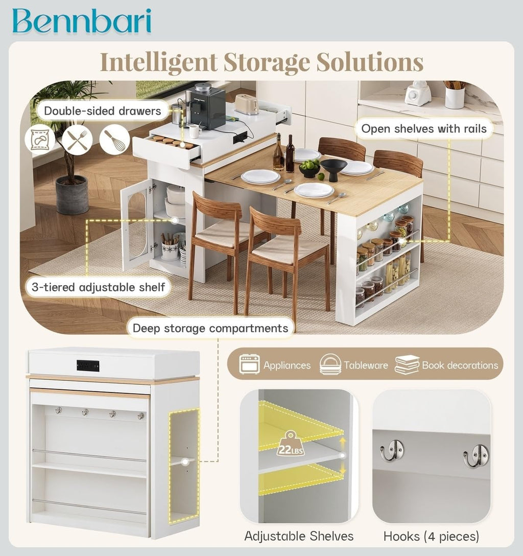 Kitchen Island with Extendable Dining Table, Bar Table with Folding Tabletop and Power Outlet, Storage Island with Drawers, Wheels and Hooks, Ships in 2 Boxes (Creamy White & Natural)