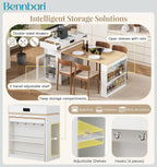 Kitchen Island with Extendable Dining Table, Bar Table with Folding Tabletop and Power Outlet, Storage Island with Drawers, Wheels and Hooks, Ships in 2 Boxes (Creamy White & Natural)