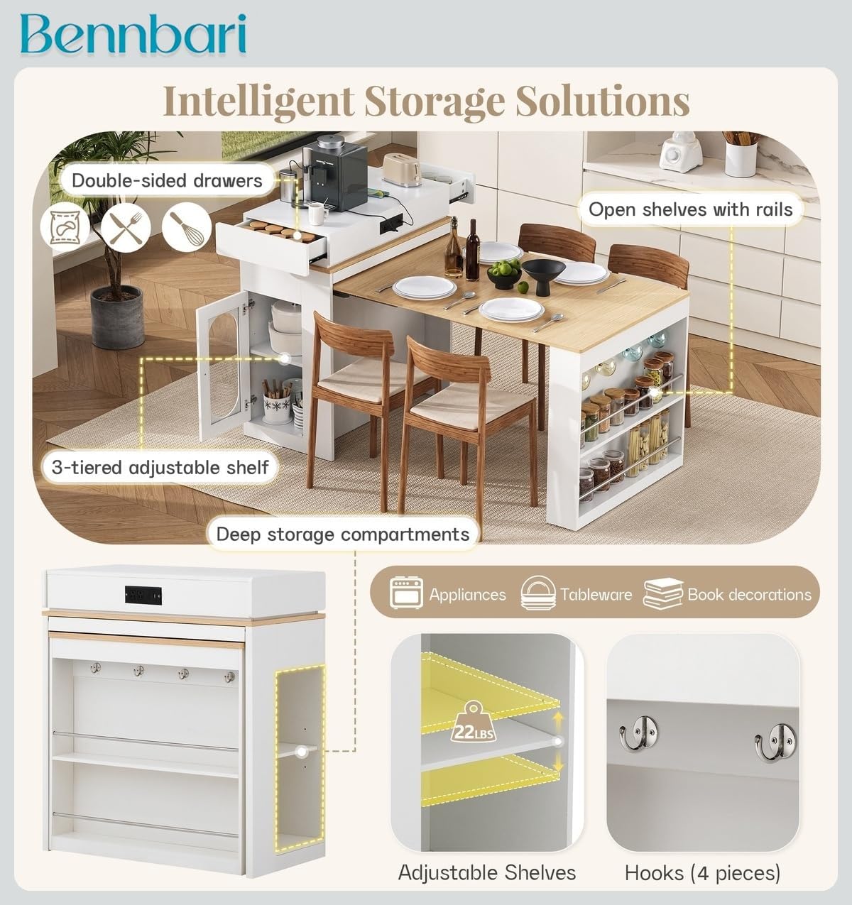 Kitchen Island with Extendable Dining Table, Bar Table with Folding Tabletop and Power Outlet, Storage Island with Drawers, Wheels and Hooks, Ships in 2 Boxes (Creamy White & Natural)