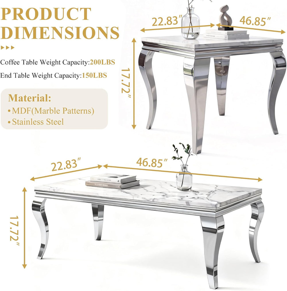 3-Piece Faux Marble Coffee Table Set with Silver Stainless Steel Legs | Moder...