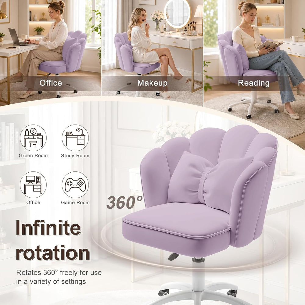 Vanity Chair with Wheels Velvet Petal Desk Chair Upholstered Tufted Home Offi...
