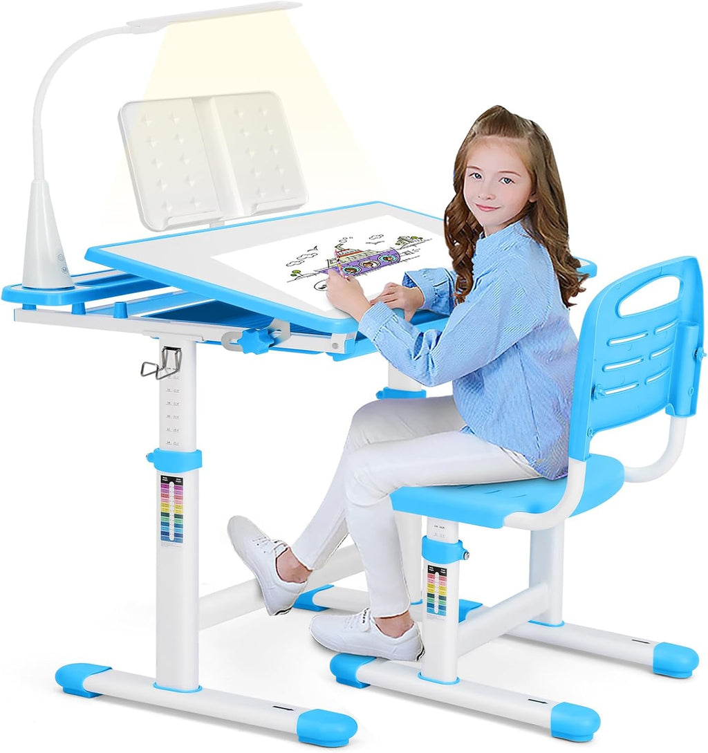 Artist hand Height Adjustable Kids Desk and Chair Set with LED Light,Drawer | Ergonomic Kids Desk with Tiltable Desktop, Kids Drawing Table Study Desk for Kids 3-12 Boys Girls