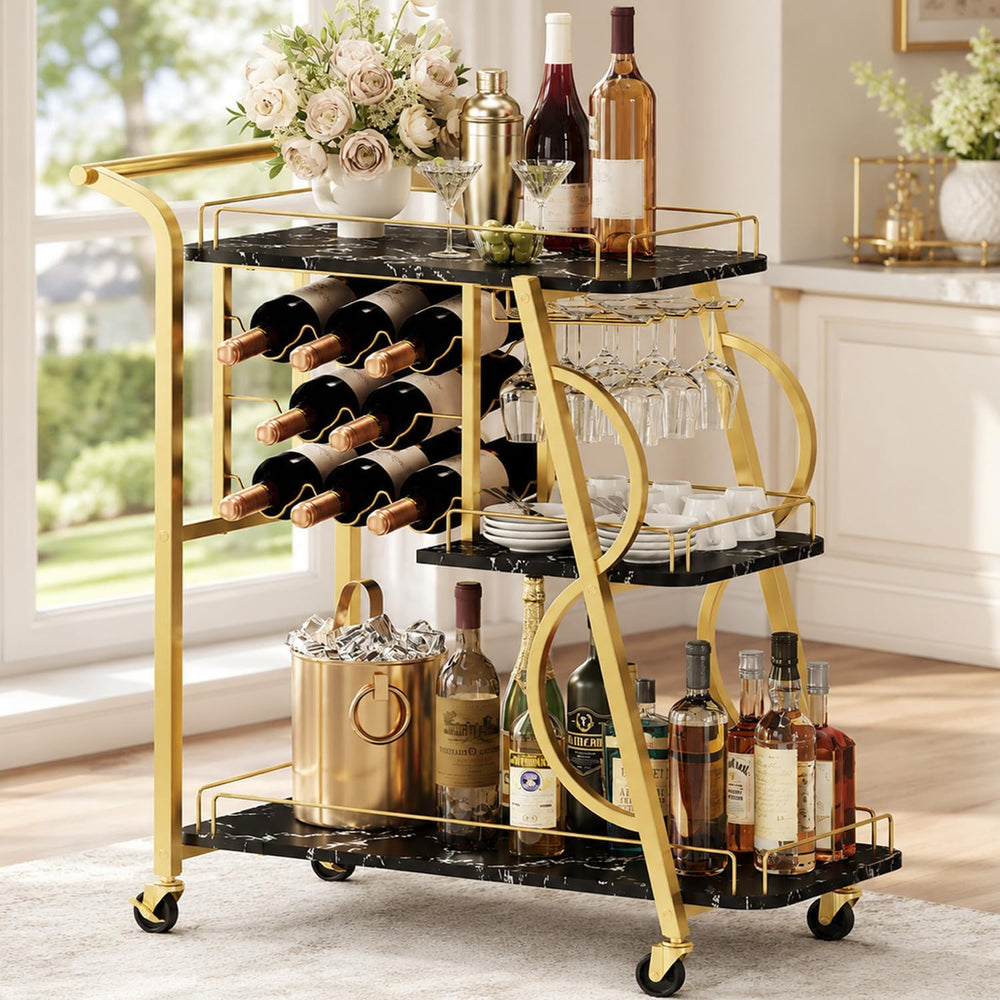 Bar Cart for Home, Home Bar Serving Cart on Wheels, 3 Tier Liquor Carts with ...