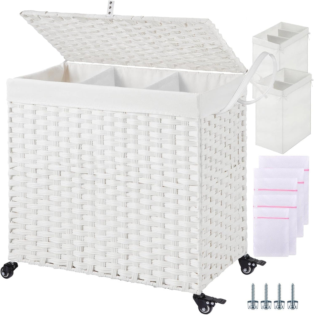 Greenstell Laundry Hamper with Wheels&Lid,130L Large 3 Sections Clothes Hamper with 2 Types Removable Liner Bags, 5 Mesh Laundry Bags, Handwoven Divided Laundry Basket White