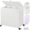 Greenstell Laundry Hamper with Wheels&Lid,130L Large 3 Sections Clothes Hamper with 2 Types Removable Liner Bags, 5 Mesh Laundry Bags, Handwoven Divided Laundry Basket White